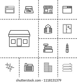 Window icon. collection of 13 window outline icons such as store, building, shop, clean, browser. editable window icons for web and mobile.
