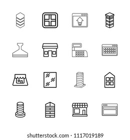 Window icon. collection of 16 window outline icons such as store, shutter blinds, building, shop, business center building. editable window icons for web and mobile.