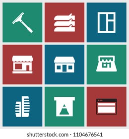 Window icon. collection of 9 window filled icons such as store, shop, building, browser. editable window icons for web and mobile.