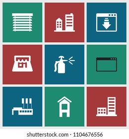 Window icon. collection of 9 window filled icons such as spray bottle, shop, building. editable window icons for web and mobile.