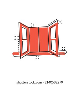 Window icon in comic style. Casement cartoon vector illustration on isolated background. House interior splash effect sign business concept.