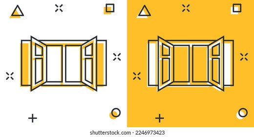Window icon in comic style. Casement cartoon vector illustration on isolated background. House interior splash effect sign business concept.