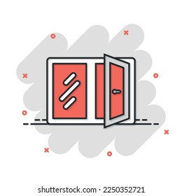 Window icon in comic style. Casement cartoon vector illustration on isolated background. House interior splash effect sign business concept.