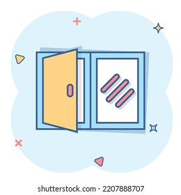 Window icon in comic style. Exterior frame vector cartoon illustration on white isolated background. Showcase business concept splash effect.