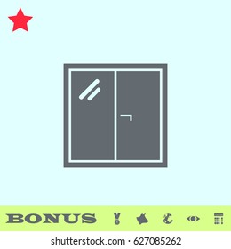 Window icon flat. Grey pictogram on blue background. Vector illustration symbol and bonus buttons medal, cow, earth, eye, calculator