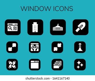 window icon set. 12 filled window icons.  Simple modern icons such as: Browser, Resize, United, Building, Curtains, White house, Trowel, Clean