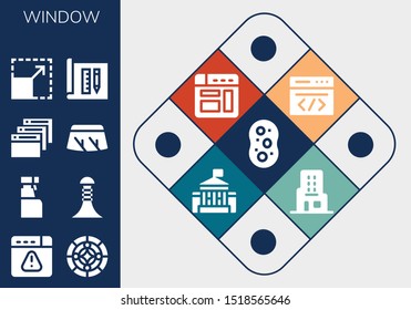 window icon set. 13 filled window icons.  Collection Of - Sponge, Browser, Stained glass, Cleaning spray, Building, Windshield, Resize, Architecture, Coding, White house icons