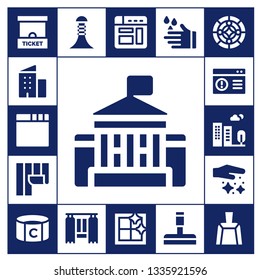 window icon set. 17 filled window icons.  Collection Of - Ticket office, Building, Browser, White house, Wallpaper, Dust, Captain, Curtain, Clean window, Wash, Glass cleaner, Stained glass