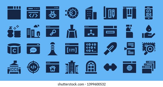 window icon set. 32 filled window icons. on blue background style Simple modern icons about  - Browser, Wash, Captain, White house, Coding, Building, Code, Homepage, Porthole
