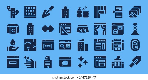 window icon set. 32 filled window icons. on blue background style Simple modern icons about  - Building, Captain, Wash, Browser, Coding, Crack, Trowel, Resize, Windshield, Clean