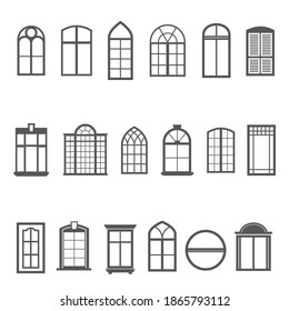 Window icon set, apartment exterior frame decoration. Glass in a frame for light or air. Vector window illustration on white background