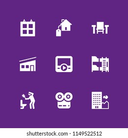 window icon set. bunk, modern house and movie player vector icon for graphic design and web