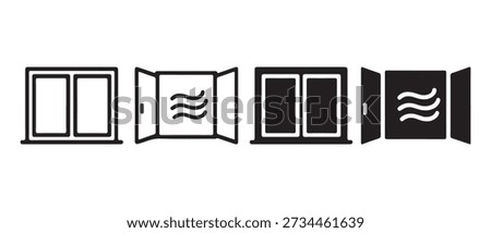 Window Icon Set. Closed and Open Windows with Airflow Symbol Outline and Solid Glyph for Ventilation.