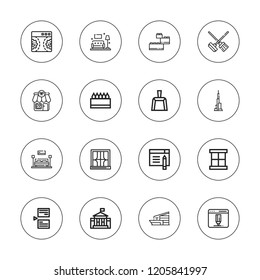 Window icon set. collection of 16 outline window icons with building, cleaning, browser, construction, dustpan, interior design, page, skyscraper, store, white house icons.