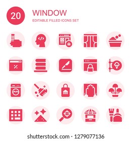 window icon set. Collection of 20 filled window icons included Wash, Coding, Homepage, Curtains, Washing, Browser, Pages, Shop, Clean, Cleaning, Flower pot, Code, Dust, Search engine