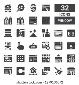 window icon set. Collection of 32 filled window icons included Shopping store, Clean, Browsers, Homepage, Code, Browser, Domain, Shop, Url, Buildings, Wash, Building, Counter