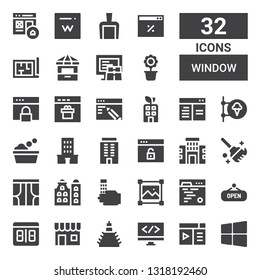 window icon set. Collection of 32 filled window icons included Windows, Browser, Coding, Building, Shop, Counter, Code, Resize, Wash, Curtains, Clean, Washing, Flower pot, Ticket office