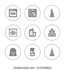 Window icon set. collection of 9 outline window icons with building, browser, glass cleaner, skyscraper icons. editable icons.