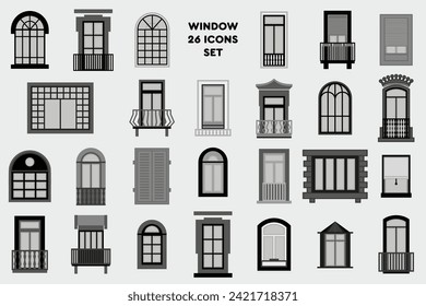 Window icon set, symbol in outline flat style, architectural classic. Vector illustrations set with different silhouettes of window frames.