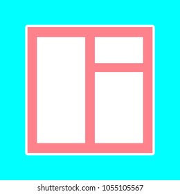 Window icon. Vector. Magenta icon with white sticker contour at sky blue background. Isolated.