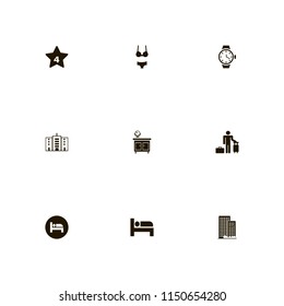 window icons. office building, guest, hotel four stars and watch vector icons set