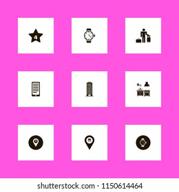 window icons. office building, watch, kitchen and store location vector icons set