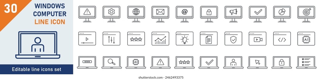 Window icons Pixel perfect. Window computer icon set. Set of 30 outline icons related to window computer, design, www, interface. Linear icon collection. Editable stroke. Vector illustration.