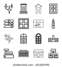 Window icons. set of 16 editable outline window icons such as shutter blinds, business center building, clean, building, blinds, builidng