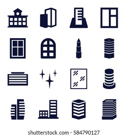 window icons set. Set of 16 window filled icons such as window, business centre, business center building, clean