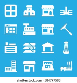 window icons set. Set of 16 window filled icons such as store, business center building, blinds, shop
