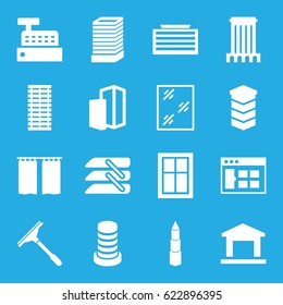 Window icons set. set of 16 window filled icons such as business center building, blinds, building, curtain