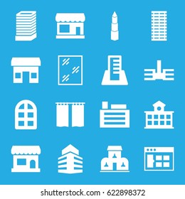 Window icons set. set of 16 window filled icons such as store, business center building, building, curtain