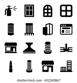 Window icons set. set of 16 window filled icons such as store, business centre, business center building, spray bottle, browser, shop