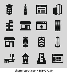Window icons set. set of 16 window filled icons such as store, business centre, business center building, building, browser