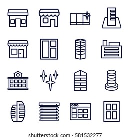 window icons set. Set of 16 window outline icons such as shutter blinds, business centre, clean, building, shop, builidng