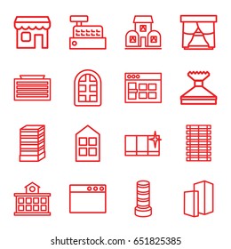 Window icons set. set of 16 window outline icons such as business center building, shop, building