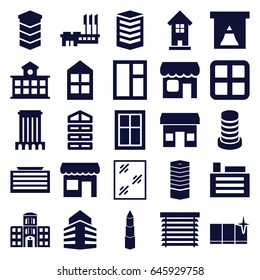 Window icons set. set of 25 window filled icons such as shutter blinds, business centre, business center building, building, hospital building, shop