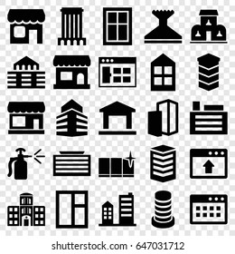 Window icons set. set of 25 window filled icons such as store, business center building, spray bottle, hospital building, shop