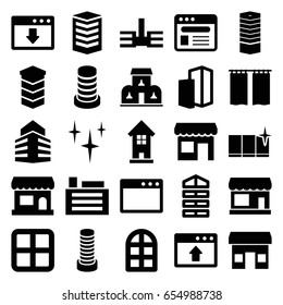 Window icons set. set of 25 window filled icons such as store, shutter blinds, business centre, business center building, building, clean, browser, curtain