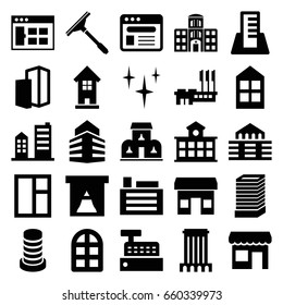Window icons set. set of 25 window filled icons such as business center building, building, clean, browser, hospital building