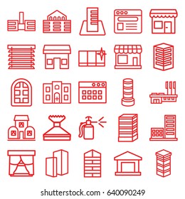 Window icons set. set of 25 window outline icons such as store, shutter blinds, business center building, spray bottle, browser, hospital building, building
