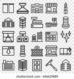 Window icons set. set of 25 window outline icons such as store, business center building, clean, hospital building, building, builidng, curtain