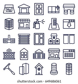 Window icons set. set of 25 window outline icons such as store, business centre, building, spray bottle, shop, builidng, curtain