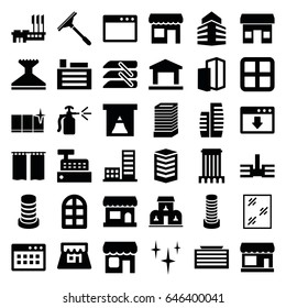 Window icons set. set of 36 window filled icons such as store, business center building, clean, spray bottle, blinds, shop, building, curtain