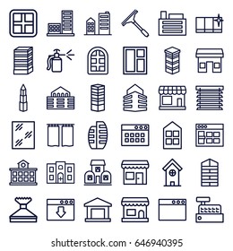 Window icons set. set of 36 window outline icons such as store, shutter blinds, business centre, business center building, building, spray bottle, hospital building, builidng