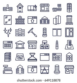 Window icons set. set of 36 window outline icons such as store, business centre, business center building, building, clean, hospital building, shop, builidng, curtain