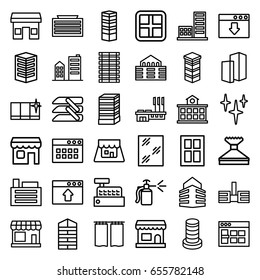Window icons set. set of 36 window outline icons such as store, shutter blinds, business centre, business center building, clean, spray bottle, blinds, shop, building