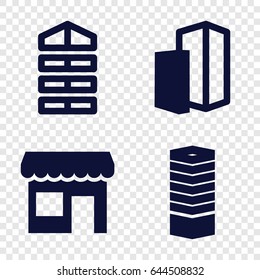 Window icons set. set of 4 window filled icons such as shutter blinds, business centre, building