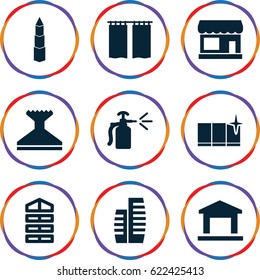 Window icons set. set of 9 window filled icons such as store, shutter blinds, spray bottle, building