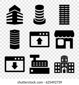 Window icons set. set of 9 window filled icons such as business centre, hospital building, shop, building, jalousie, window browser upload